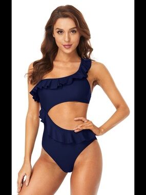 NWT Navy Ruffle One-Shoulder Cutout Swimsuit